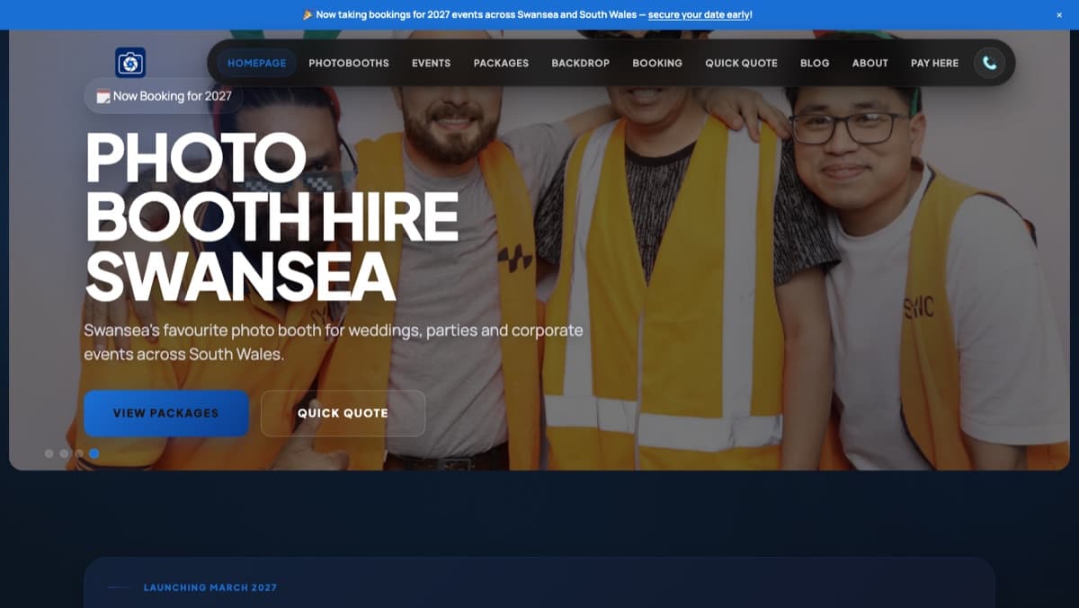 Screenshot of the Photo Booth Hire Swansea website